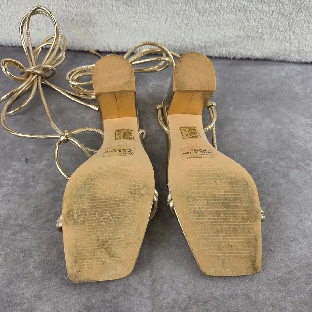 Gold Metallic Lace Up Block Heel Sandals Square Toe Strappy Ankle Tie GSS611